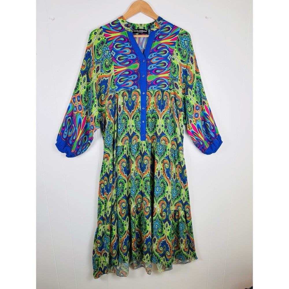 Dolce &‎ Gabbana Colorful Boho Paisley Tiered Maxi Dress Medium Long Sleeve